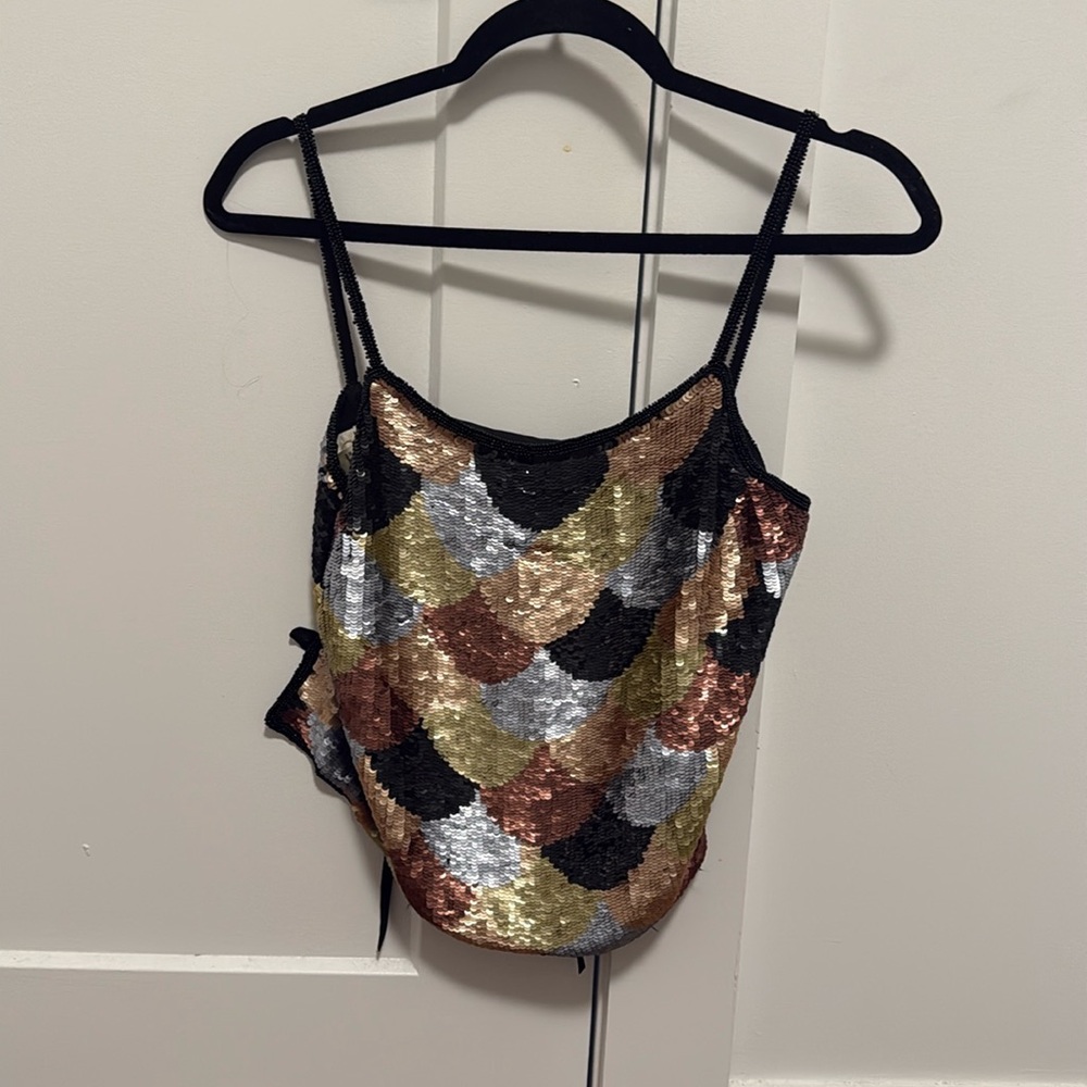 Cache 100% silk Sequin / Beaded lace up tank - EUC